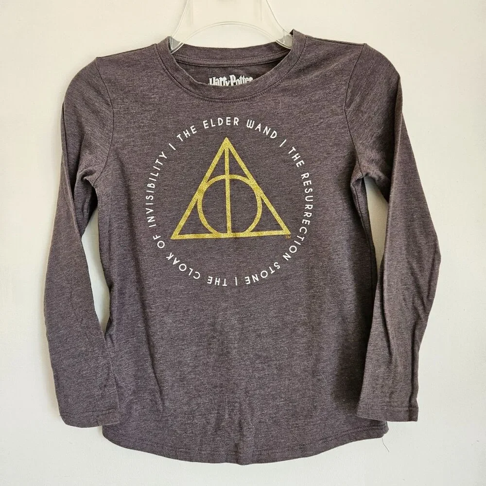Harry Potter Deathly Hallows Shirt Youth Large 10-12 Gray Long Sleeve Tee